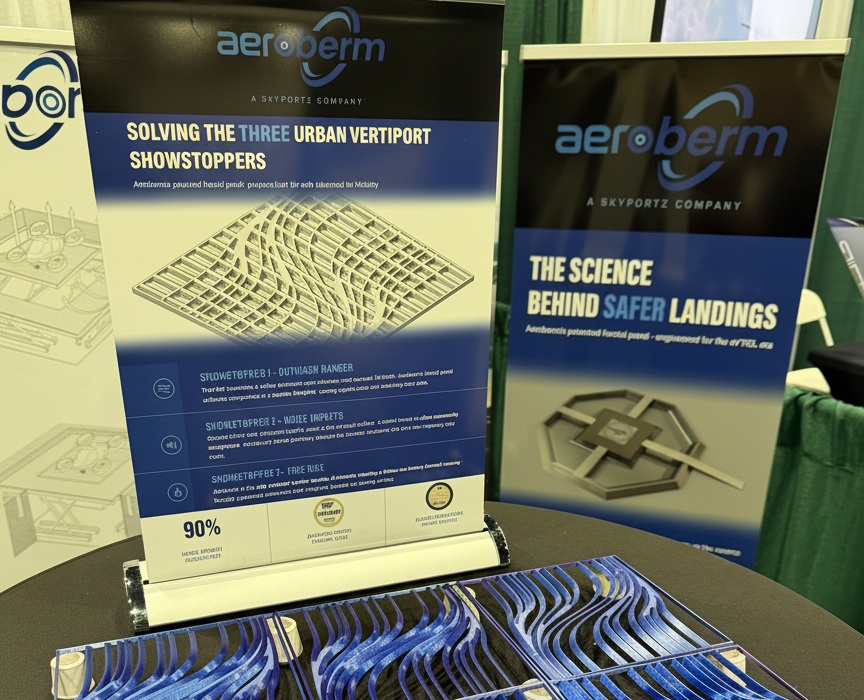 Display of Aeroberm posters at a tech booth with the slogan 'The Science Behind Safer Landings' on blue panels and a blue wavy grid model on the table.