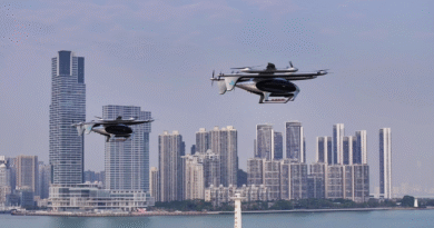 unnamed 52 - eVTOL Insights Two futuristic eVTOL aircraft flying over a city skyline by the water at dusk/dawn light.