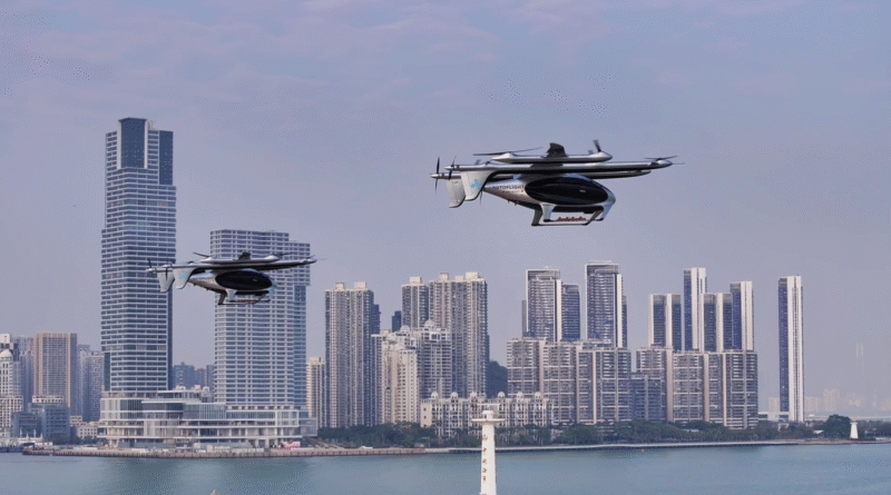 unnamed 52 - eVTOL Insights Two futuristic eVTOL aircraft flying over a city skyline by the water at dusk/dawn light.
