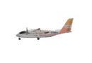 Side view of a white twin-prop plane with an orange-pink tail marked SOLYU and registration D-IMDA, on a black background