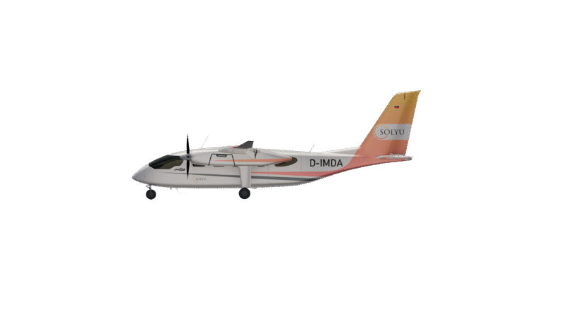Side view of a white twin-prop plane with an orange-pink tail marked SOLYU and registration D-IMDA, on a black background