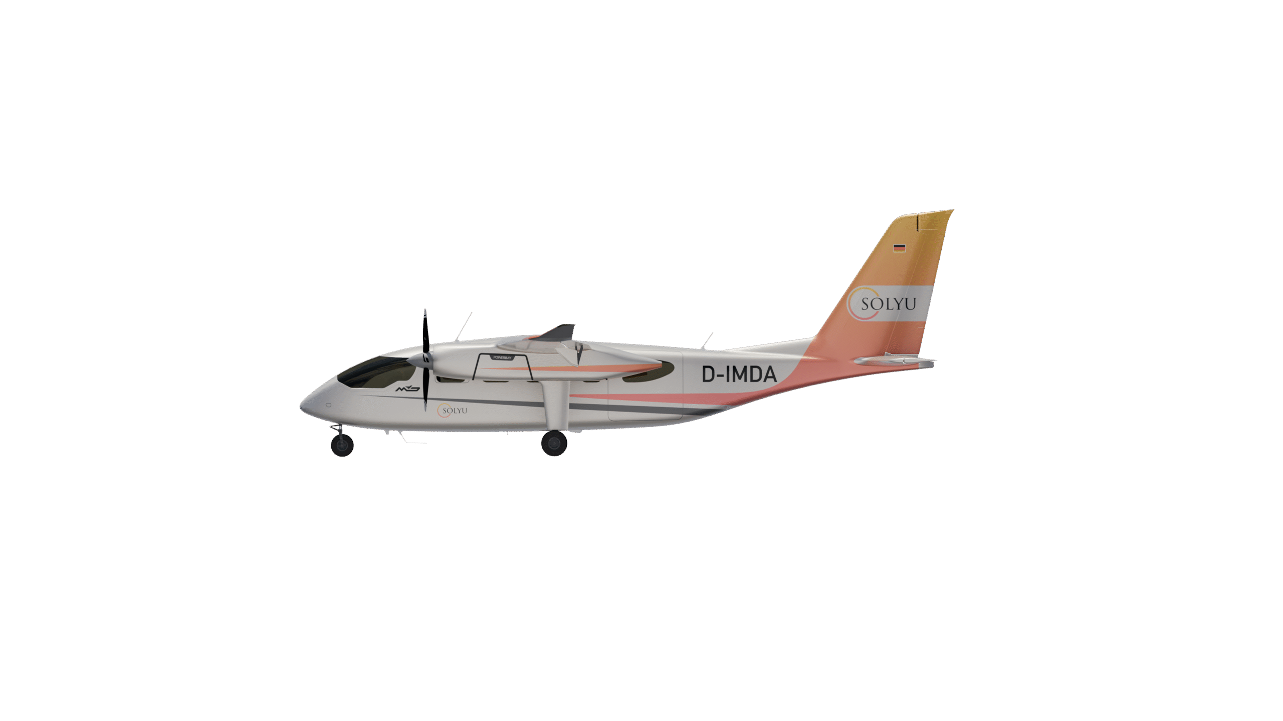 Side view of a white twin-prop plane with an orange-pink tail marked SOLYU and registration D-IMDA, on a black background