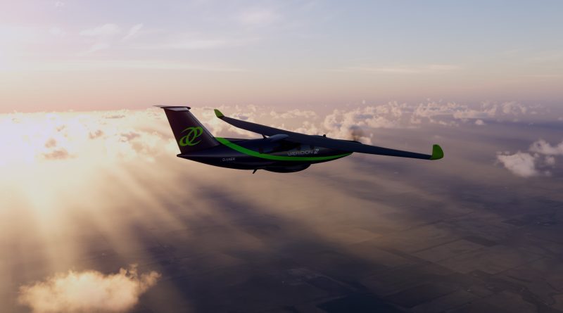 Sleek black and neon-green glider soaring above clouds at sunset.
