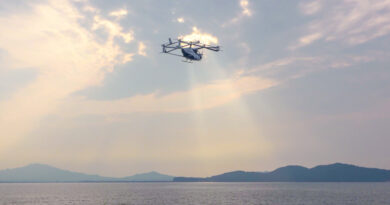 Light helicopter flying above a calm body of water with low hills on the horizon at sunset