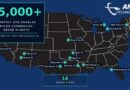 Map of the United States showing 14 active BVLOS drone flight cities with markers at Concord CA, Tolleson AZ, Phoenix AZ, San Antonio TX, Pflugerville TX, Richmond TX, Plano TX, Waco TX, Baton Rouge LA, Hillsborough Co FL, Pontiac MI, Hazel Park MI, White Plains NY, and Kansas City KS, managed by ANRA Technologies (55,000+ monthly flights).