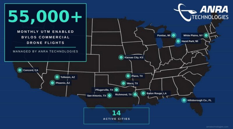 ANRA_Active_Cities_Monthly_BVLOS_social 1 - eVTOL Insights Map of the United States showing 14 active BVLOS drone flight cities with markers at Concord CA, Tolleson AZ, Phoenix AZ, San Antonio TX, Pflugerville TX, Richmond TX, Plano TX, Waco TX, Baton Rouge LA, Hillsborough Co FL, Pontiac MI, Hazel Park MI, White Plains NY, and Kansas City KS, managed by ANRA Technologies (55,000+ monthly flights).