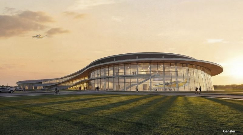 Curved glass airport/terminal at sunset with people walking outside and a plane in the sky on the left.”,