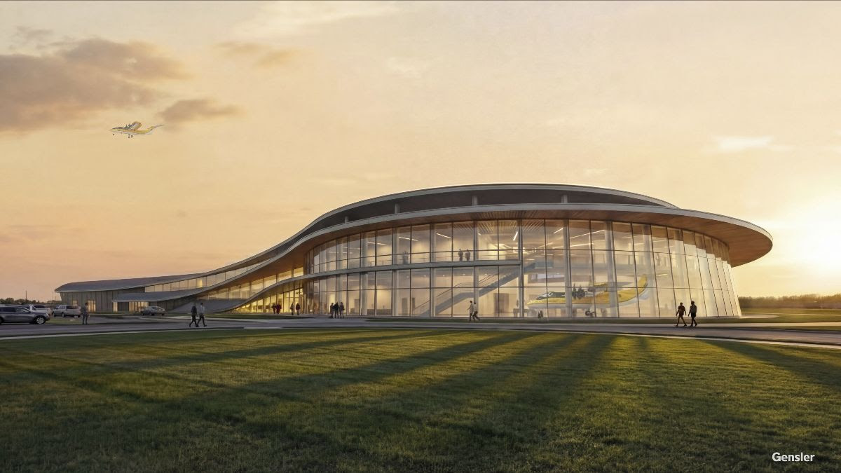 Curved glass airport/terminal at sunset with people walking outside and a plane in the sky on the left.”,