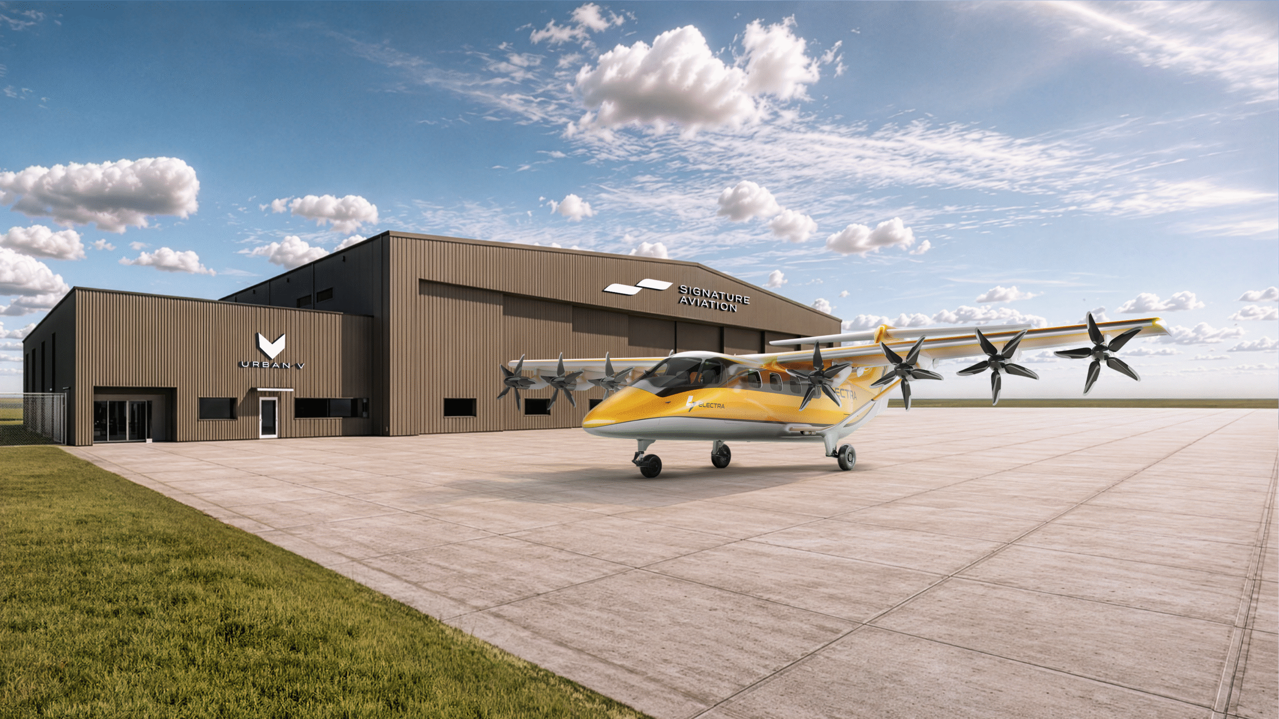 Yellow twin‑engine Electra aircraft parked on a concrete apron beside a brown Signature Aviation hangar under a blue sky.