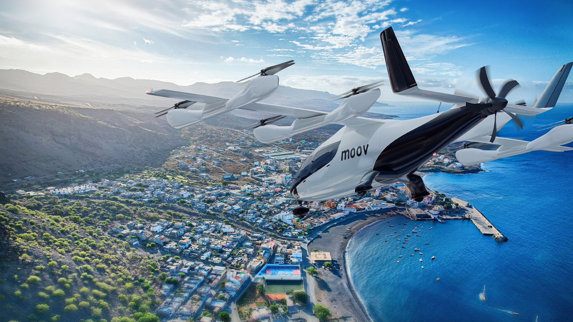 Electric, multi-rotor seaplane labeled 'moov' flies low over a coastal town and bay.