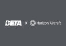Beta × Horizon Aircraft logos displayed side by side on a dark gray background, signaling a collaboration between the two brands.
