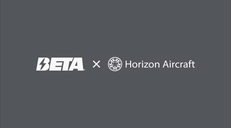 Beta × Horizon Aircraft logos displayed side by side on a dark gray background, signaling a collaboration between the two brands.