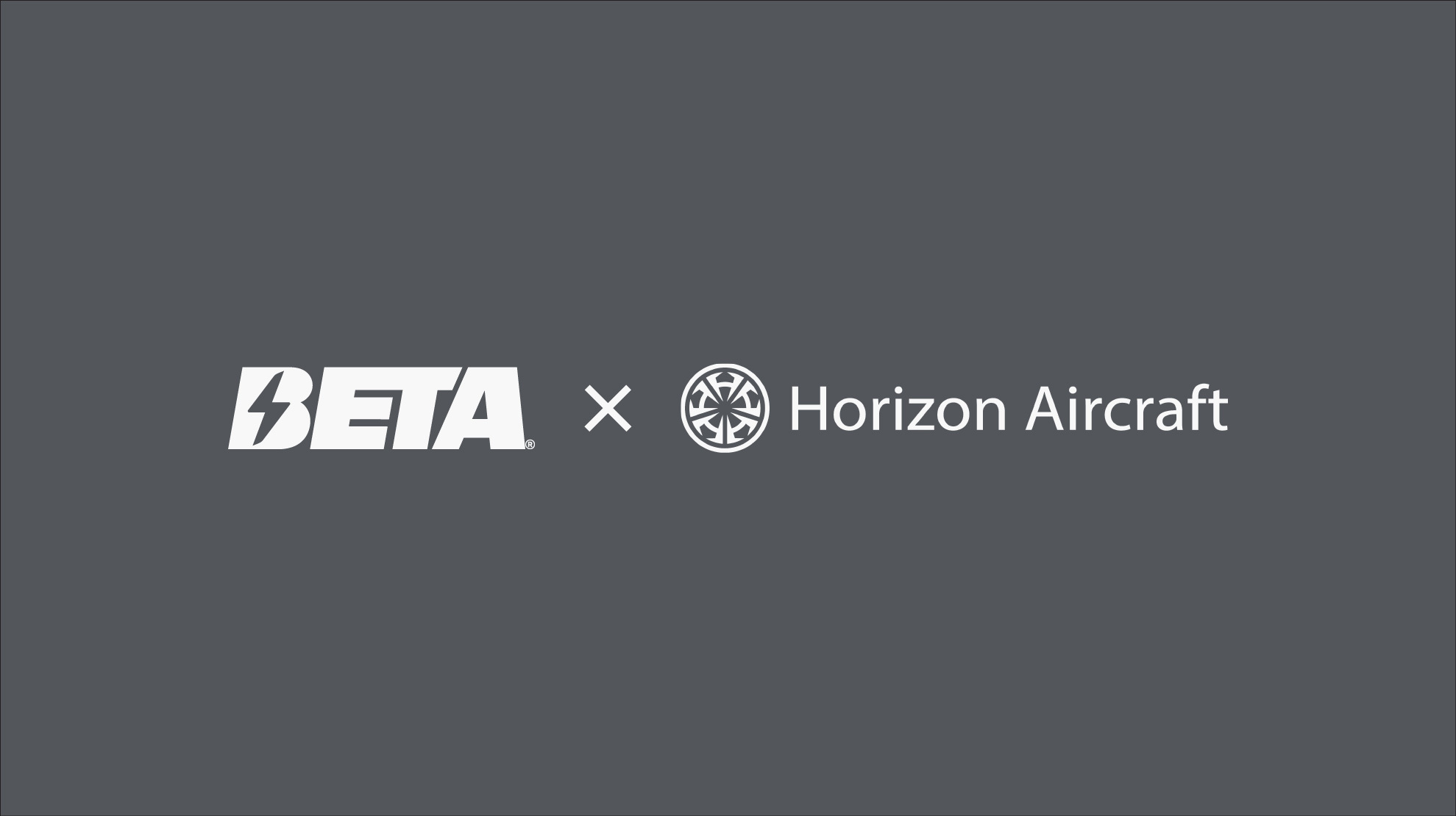 Beta × Horizon Aircraft logos displayed side by side on a dark gray background, signaling a collaboration between the two brands.