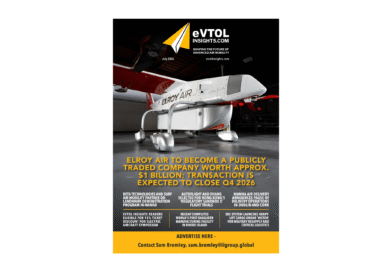 eVTOL Insights magazine cover showing a white Elroy Air aircraft in a hangar, with bold yellow headline text at the bottom and the logo 'eVTOL INSIGHTS' in the top area.