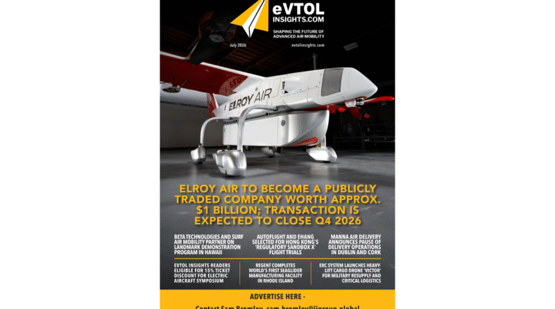 eVTOL Insights magazine cover showing a white Elroy Air aircraft in a hangar, with bold yellow headline text at the bottom and the logo 'eVTOL INSIGHTS' in the top area.