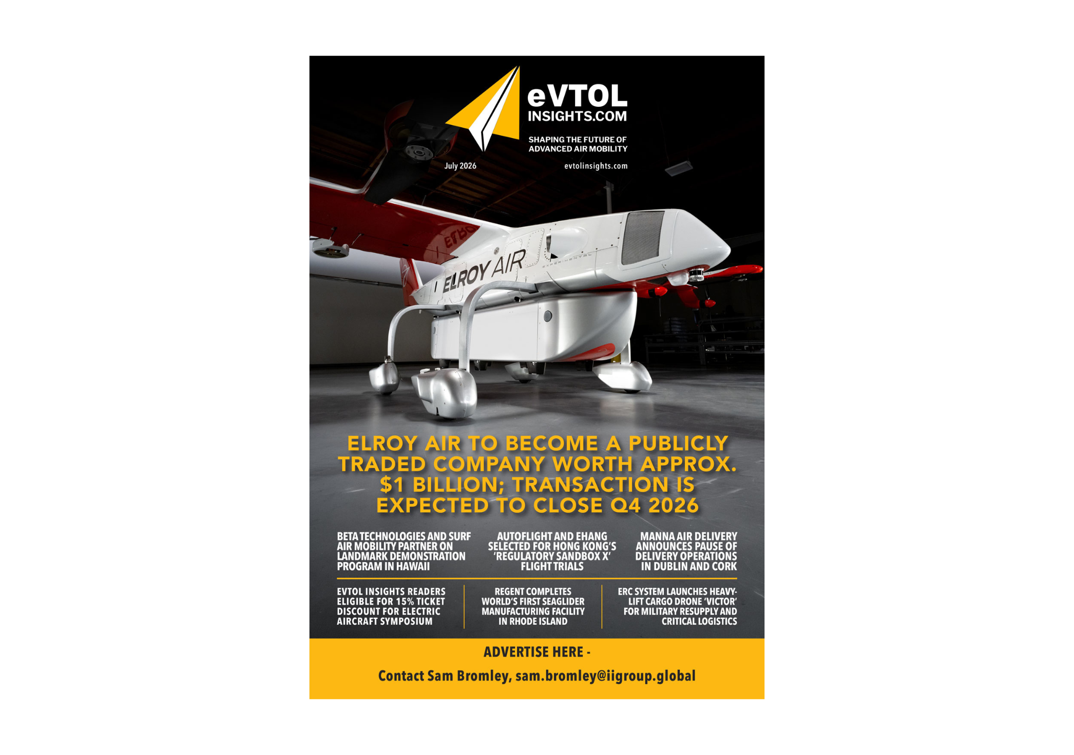 eVTOL Insights magazine cover showing a white Elroy Air aircraft in a hangar, with bold yellow headline text at the bottom and the logo 'eVTOL INSIGHTS' in the top area.