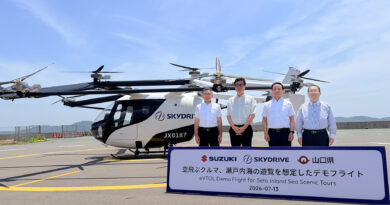 Four men in white shirts stand beside a SkyDrive eVTOL helicopter on a runway, with a promotional sign in front about Seto Inland Sea tours (dated 2026-07-13).