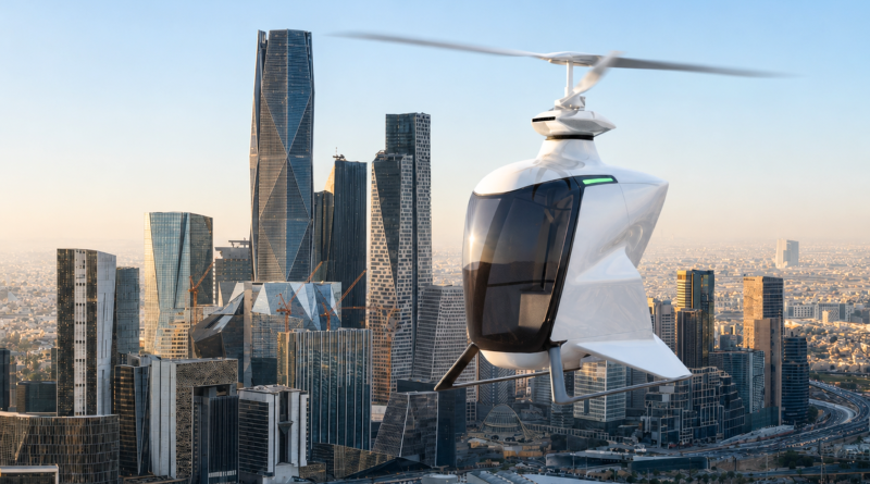 White autonomous rotorcraft hovering above a dense city skyline at sunset.