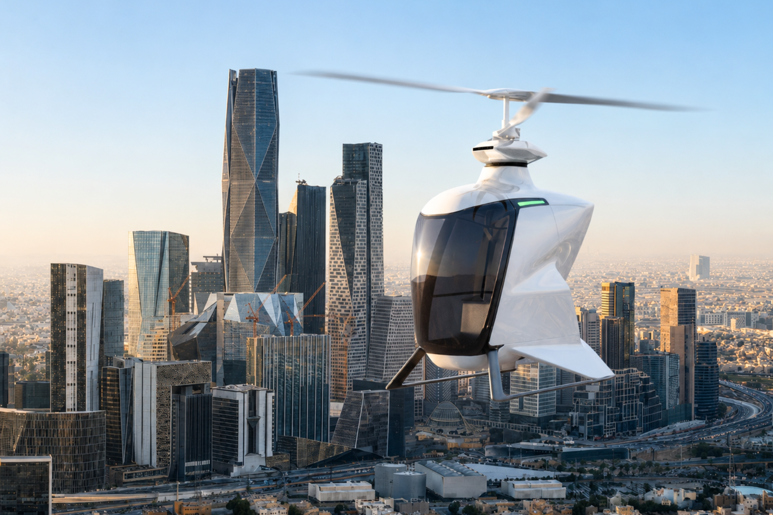 White autonomous rotorcraft hovering above a dense city skyline at sunset.