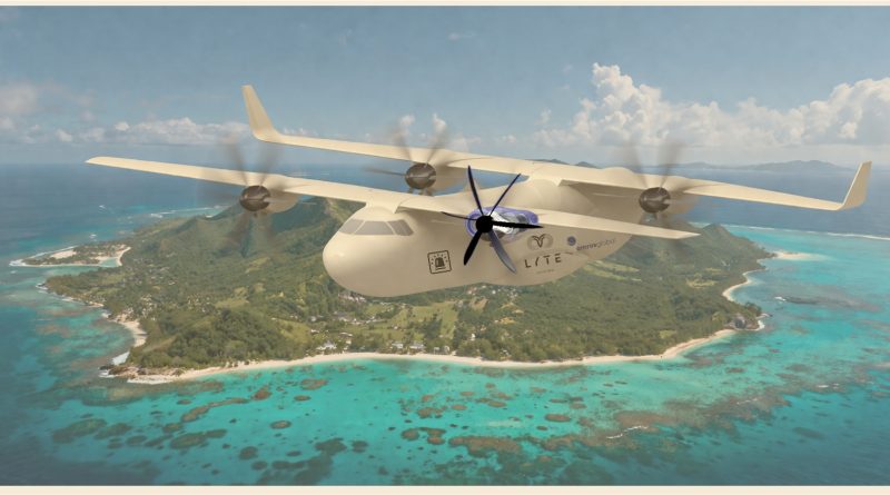 White multi‑propeller aircraft flying above a tropical island with clear turquoise water and green hills. 2)