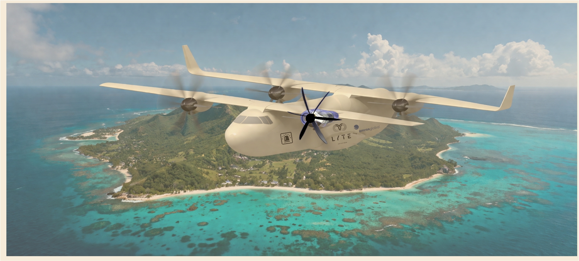 White multi‑propeller aircraft flying above a tropical island with clear turquoise water and green hills. 2)
