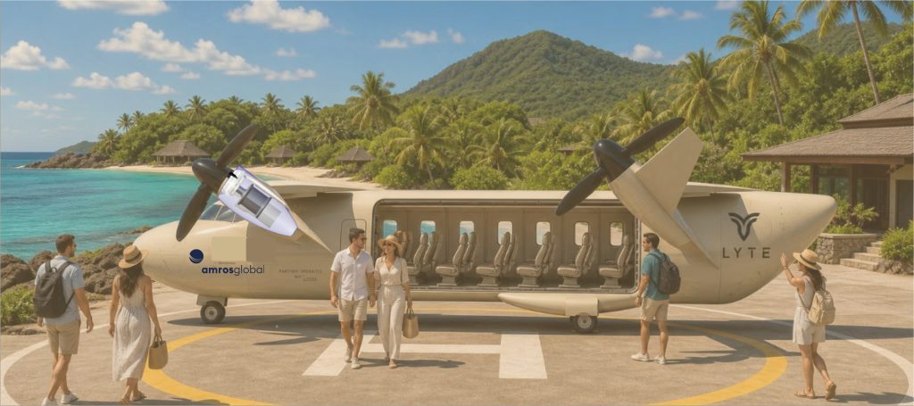 PressRelease 16Jul2026 - LYTE SkyBus 40 Pax_AMROS-PowerBridge_side1 - eVTOL Insights Tourists walk toward a white seaplane on a tropical beach with palm trees and turquoise water.