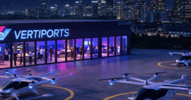 Screenshot 2026-06-26 at 110812 - eVTOL Insights Nighttime VertiPorts facility with a glass-front lounge, people inside, and helicopters on the tarmac under city lights.