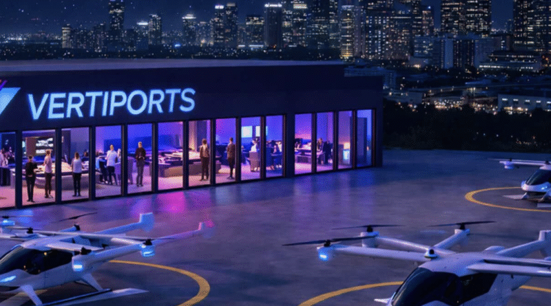 Screenshot 2026-06-26 at 110812 - eVTOL Insights Nighttime VertiPorts facility with a glass-front lounge, people inside, and helicopters on the tarmac under city lights.