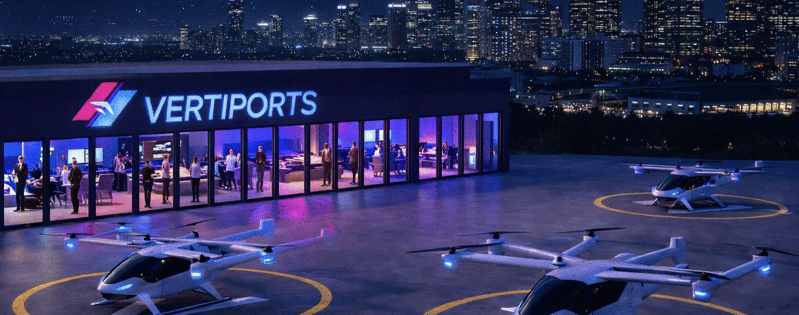 Nighttime VertiPorts facility with a glass-front lounge, people inside, and helicopters on the tarmac under city lights.