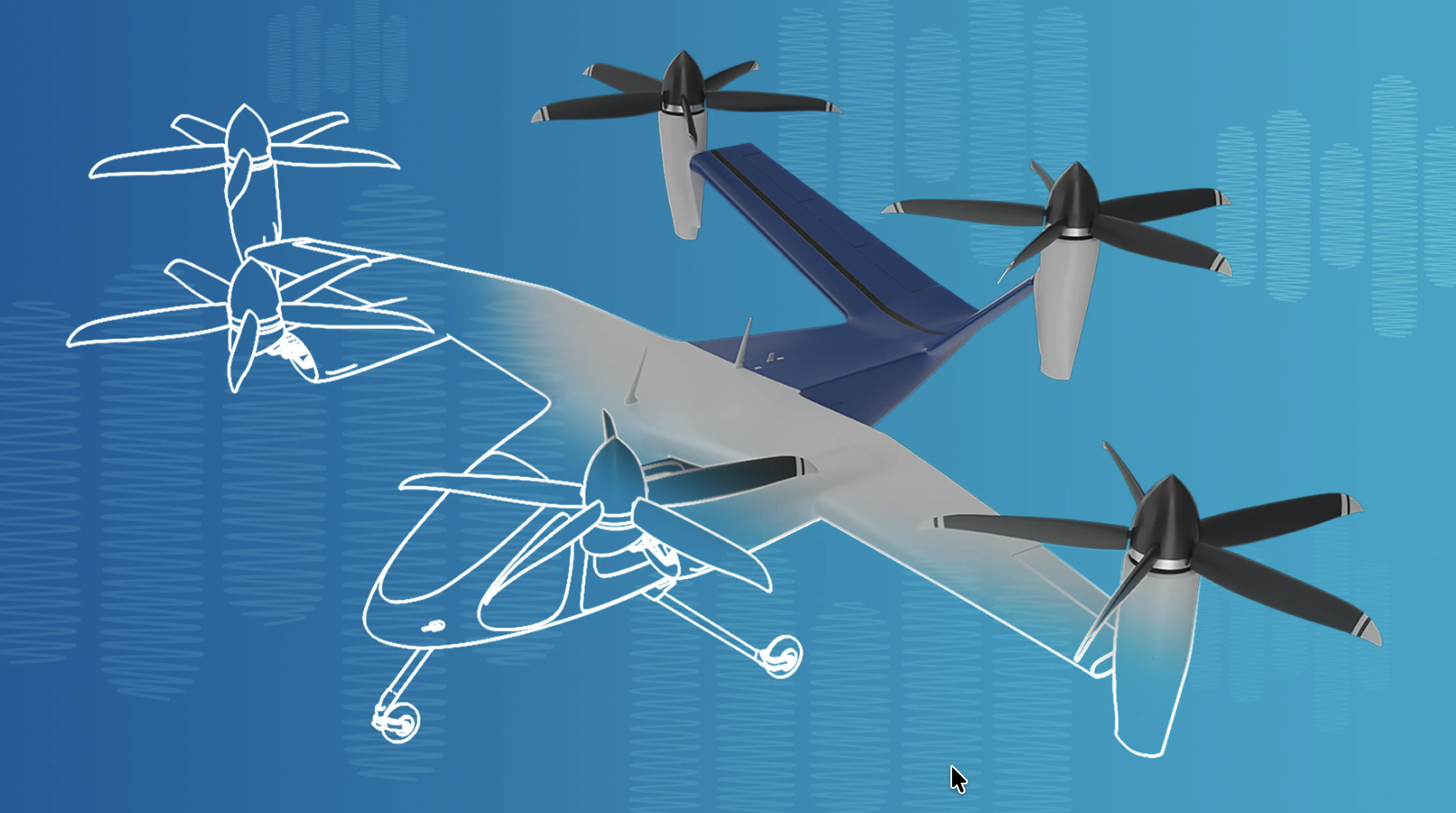 Concept art of airplane design: a large blue-gray passenger aircraft with propellers, overlaid by white line drawings of smaller planes on a blue gradient background.