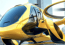 Yellow autonomous quadcopter drone with city skyline in the background and FAA logo in the corner.