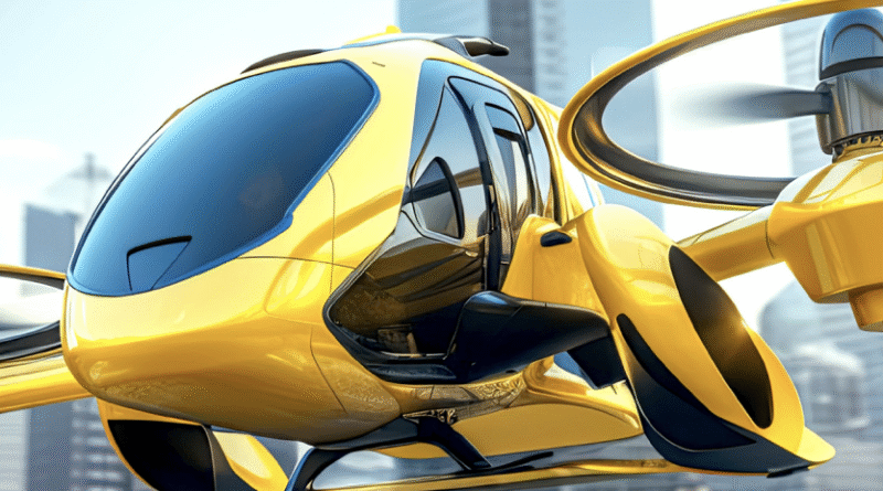 Yellow autonomous quadcopter drone with city skyline in the background and FAA logo in the corner.