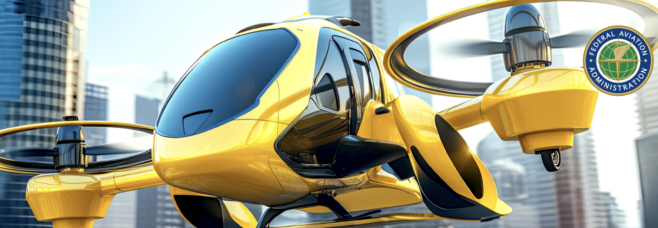 Yellow autonomous quadcopter drone with city skyline in the background and FAA logo in the corner.