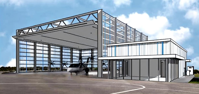 Screenshot 2026-07-03 at 115317 - eVTOL Insights Aircraft hangar with a prop plane on the tarmac and a modern glass-front terminal building nearby.