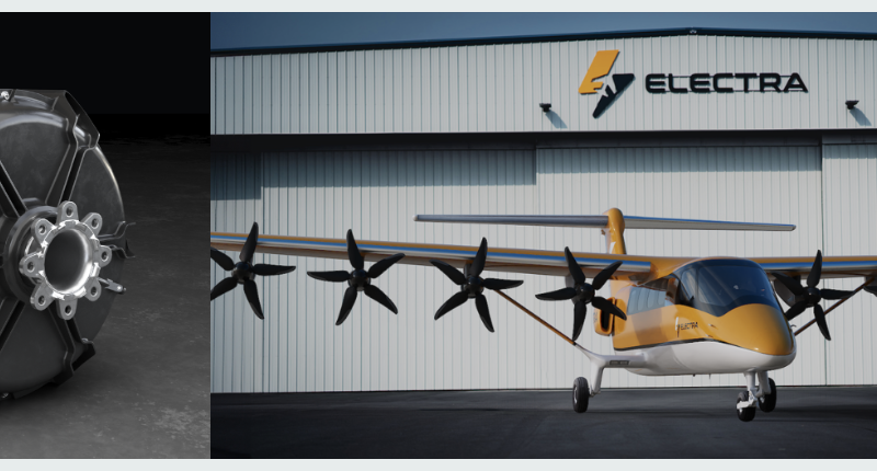 Split image: left side shows a gray industrial engine component; right side shows a yellow propeller airplane parked in front of an Electra hangar.