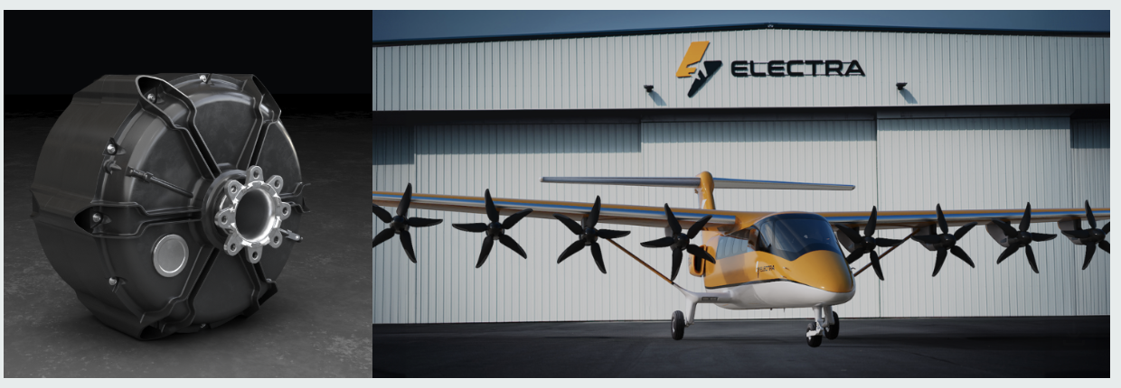 Split image: left side shows a gray industrial engine component; right side shows a yellow propeller airplane parked in front of an Electra hangar.