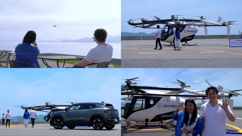 Simulating - eVTOL Insights People stand and walk near a large multi-rotor SkyDrive helicopter on a tarmac, with a blue sky behind.