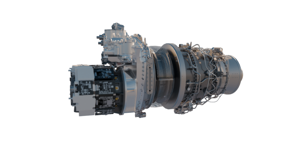 Side view of a large aircraft jet engine with exposed internal components and wiring on a black background, showing the turbine sections.