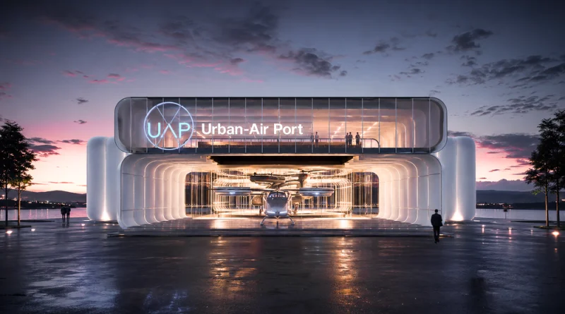 Futuristic Urban-Air Port hangar with glass walls, glowing interior, and a small aircraft on display at dusk.