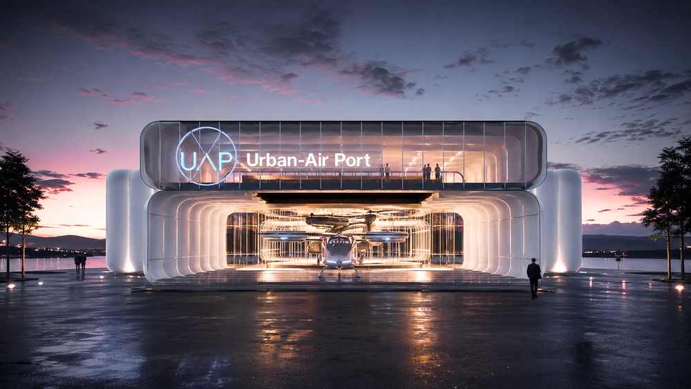 Futuristic Urban-Air Port hangar with glass walls, glowing interior, and a small aircraft on display at dusk.