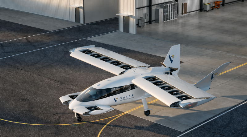 White tilt-wing VTOL aircraft with multiple propellers along both wings parked on a tarmac near a hangar.