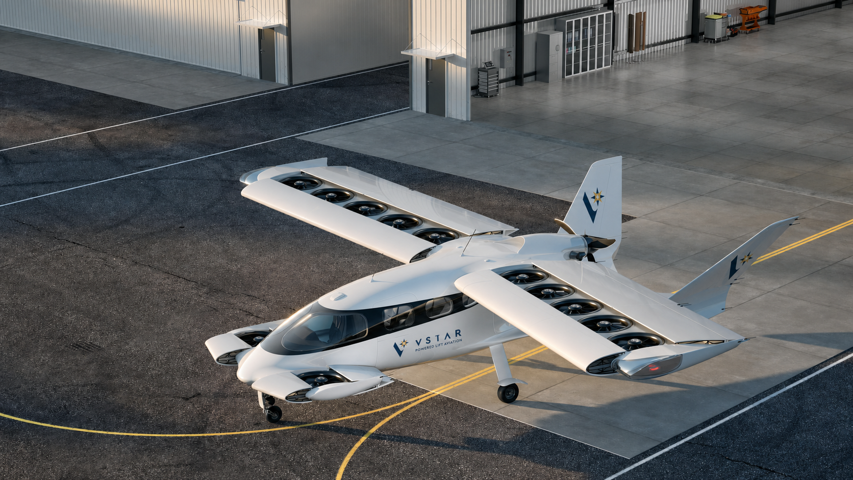 White tilt-wing VTOL aircraft with multiple propellers along both wings parked on a tarmac near a hangar.