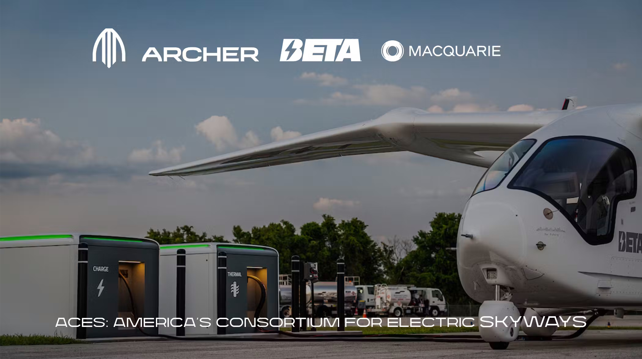Logos for Archer, Beta, and Macquarie above a white electric helicopter at a charging station, with ACES branding in the foreground.
