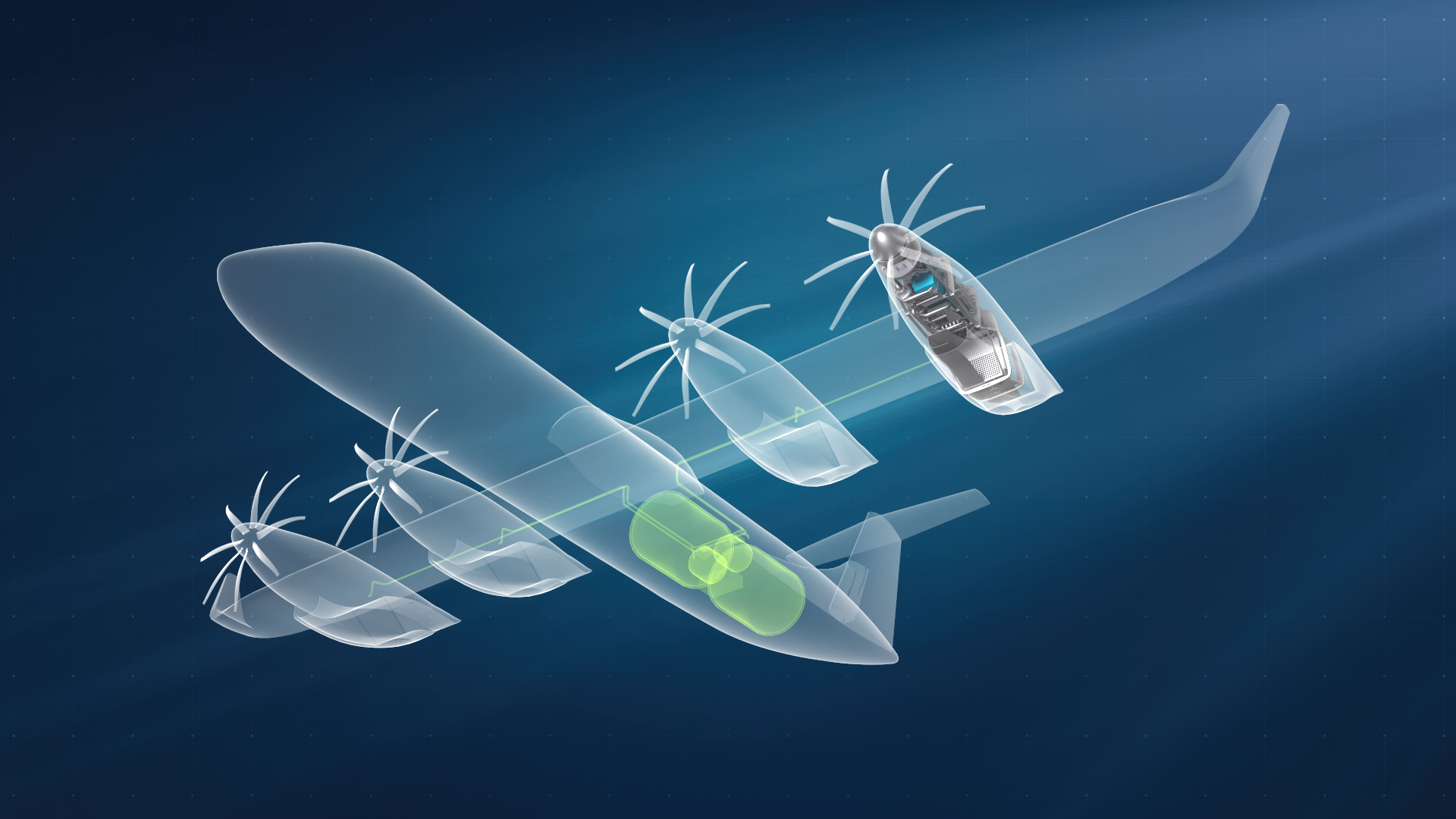 Cutaway illustration of a propeller airplane with a transparent fuselage, revealing internal components and wiring.