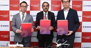 Air India, SkyDrive and Suzuki Sign MoU forFeasibility Study of Medical Air Logistics in India Three men in suits hold red folders at a formal event, standing before a red-and-white branded backdrop (Air India Cargo, Suzuki).