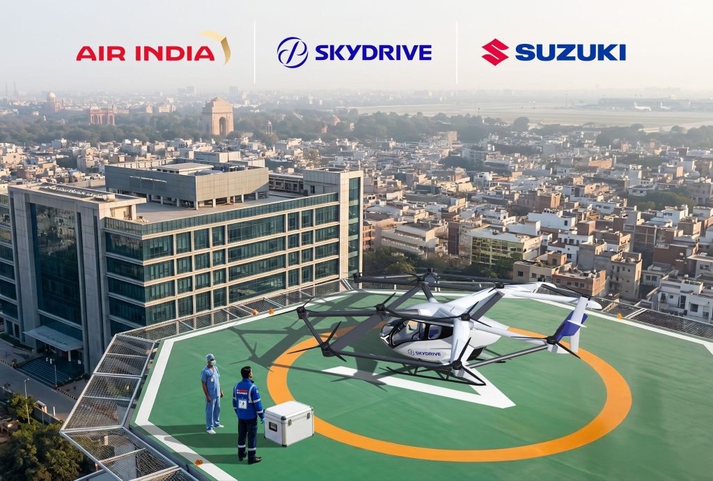 Helipad on a tall building with two helicopters and two workers in blue uniforms; large brand logos (Air India, Skydrive, Suzuki) across the skyline.