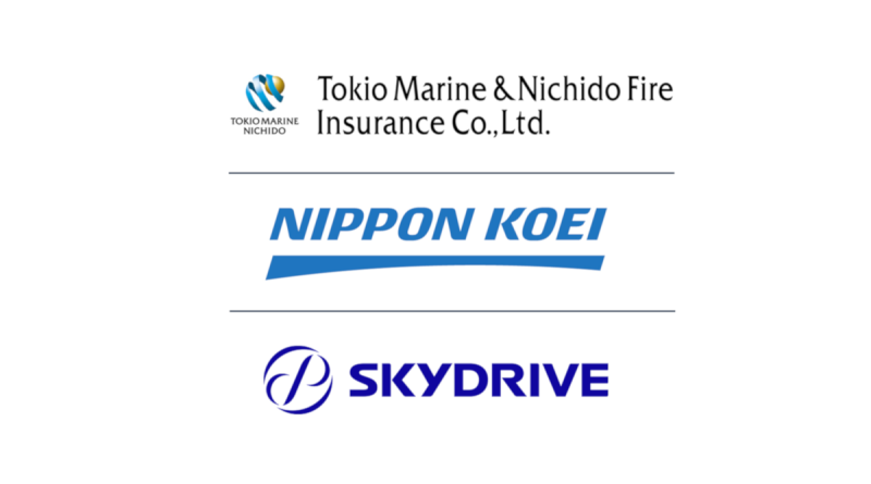 Logo collage of Tokio Marine & Nichido Fire Insurance, Nippon Koei, and SkyDrive arranged vertically with thin separators between each.