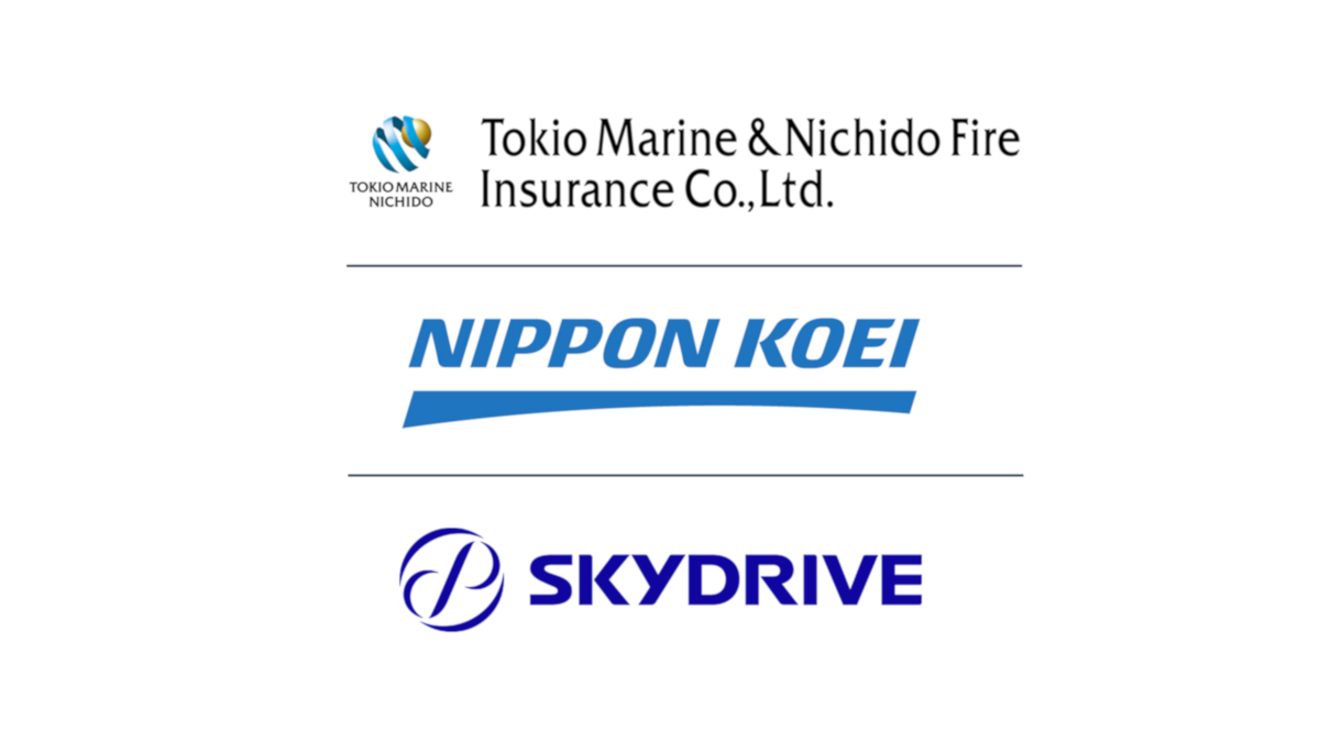 Logo collage of Tokio Marine & Nichido Fire Insurance, Nippon Koei, and SkyDrive arranged vertically with thin separators between each.