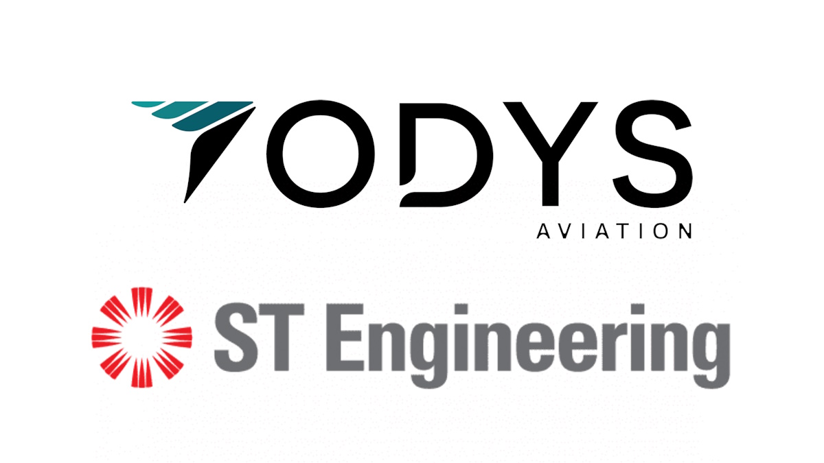 TODYS Aviation logo above ST Engineering logo, with a teal wing icon and bold lettering paired with a red circular emblem and gray ST Engineering text alternating beneath.