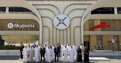Group of men and women in traditional white kanduras and black abayas pose for a photo in front of a modern building with Skyports signage and a central circular logo.